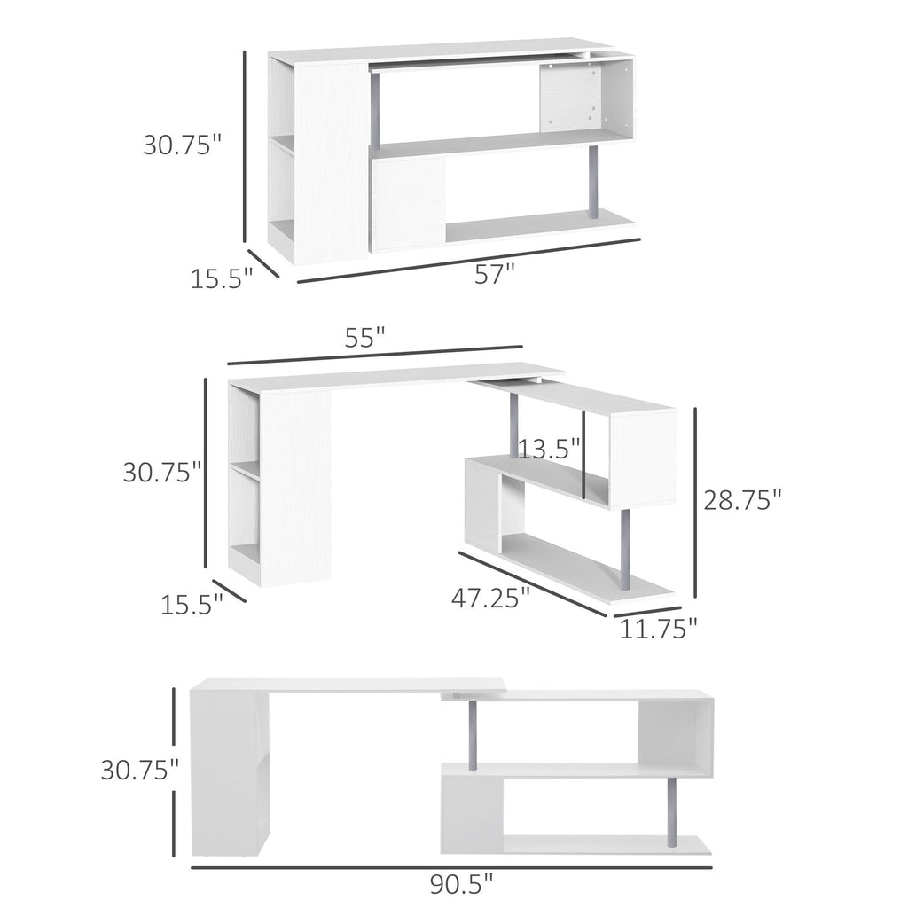 Leoglint 55" 360° Rotating Corner Computer Desk Modern L-Shaped Home Office Workstation with 3-Tier Storage Shelves, Bookshelf, White