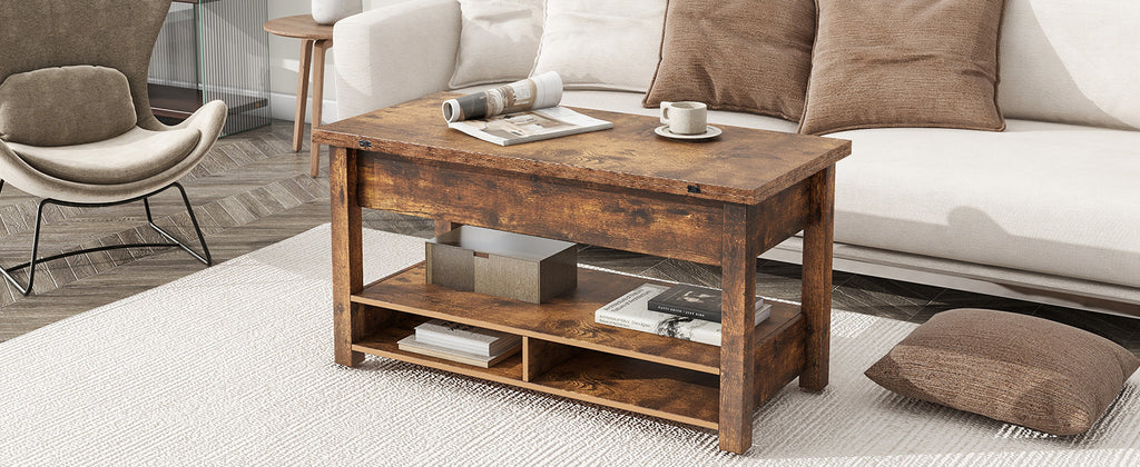 Leoglint [VIDEO provided] ON-TREND Lift Top Coffee Table, Multi-Functional Coffee Table with Open Shelves, Modern Lift Tabletop Dining Table for Living Room, Home Office, Rustic Brown