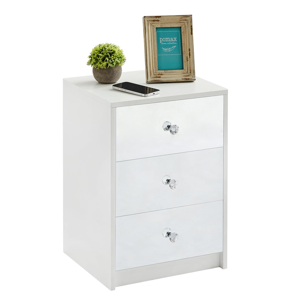 Leoglint 3 Drawer Chest Nightstand for Bedroom, Modern Wood and Mirrored Nightstand, Square Bedside Glass End Table with Storage for Bedroom Room, Sofa, White