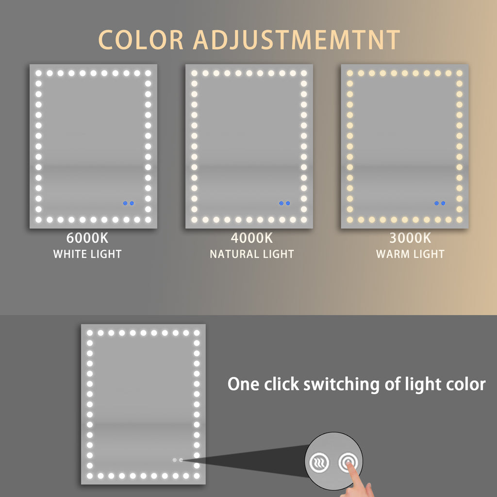 Leoglint 36×28 Inch Led-Lit Bathroom Mirror, Wall Mounted Anti-Fog Memory Rectangular Vanity Mirror With Tri-White Front Circular Light And Touch Sensor Dimmer Switch