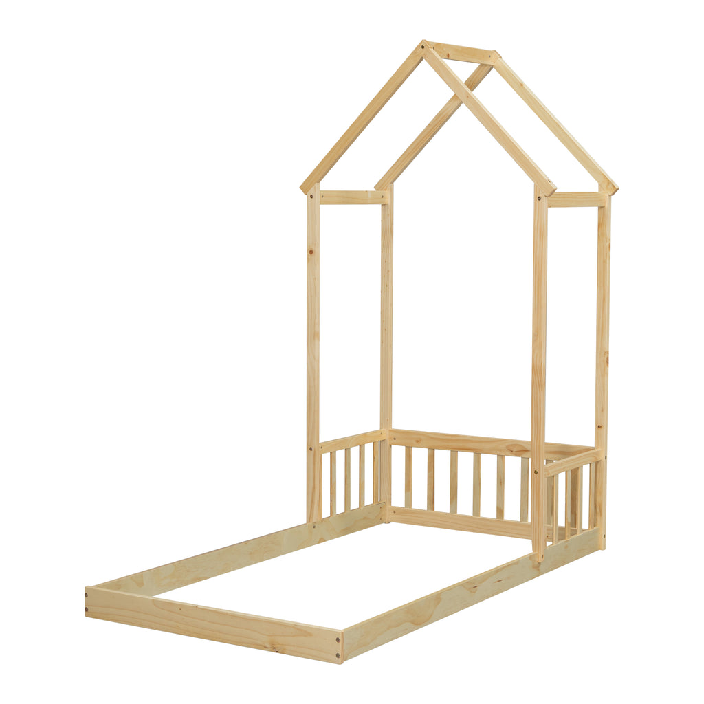 Twin House-shaped Roof Headboard Floor Bed Frame,,(without slats),Natural