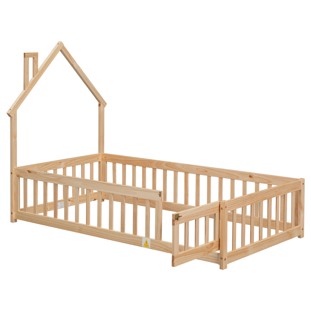 Twin House-Shaped Headboard Floor Bed Frame with Fence,Natural