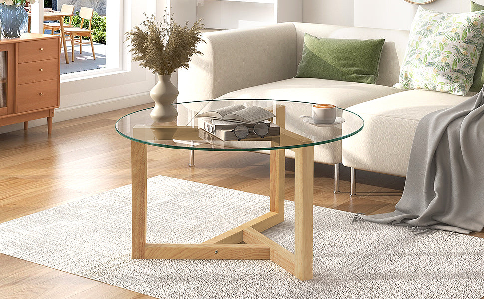 Leoglint [New Picture] ON-TREND Round Glass Coffee Table Modern Cocktail Table Easy Assembly with Tempered Glass Top & Sturdy Wood Base, Natural (OLD SKU: WF190112AAL)