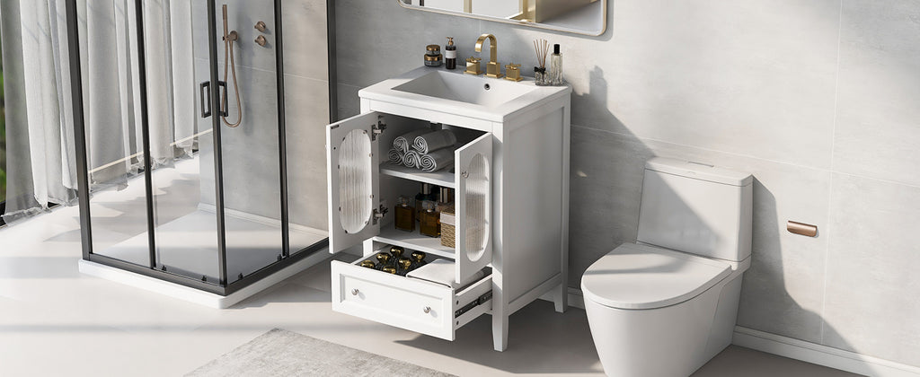 Leoglint 24" Bathroom Vanity with Sink, Bathroom Vanity Cabinet with One Drawer and Doors, Adjustable Shelf, Solid Wood and MDF, White