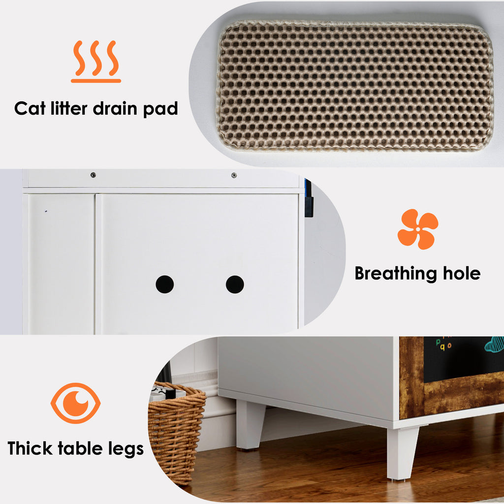 Leoglint Graffiti the litter box Enclosure with 2 Storage Shelves and 1 Doors, Hidden Cat Litter Box Enclosure Furniture with Shelf, Indoor Cat House Furniture for Most of Litter Box,White