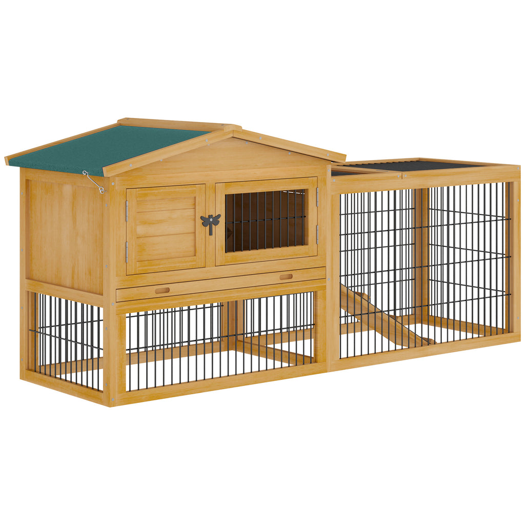 Leoglint 2 Levels Outdoor Rabbit Hutch with Openable Top, 59" Wooden Large Rabbit Cage with Run Weatherproof Roof, Removable Tray, Ramp, Yellow