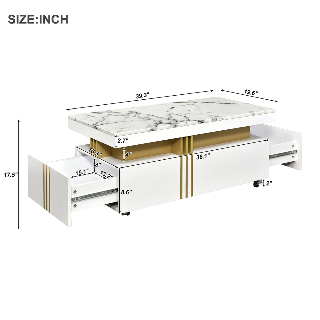 Leoglint [VIDEO provided] ON-TREND Contemporary Coffee Table with Faux Marble Top, Rectangle Cocktail Table with Caster Wheels, Moderate Luxury Center Table with Gold Metal Bars for Living Room, White