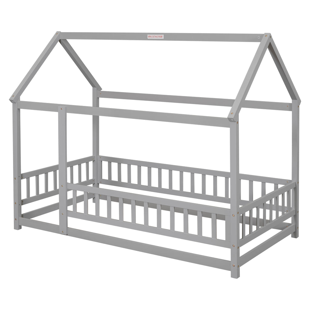 Leoglint Twin Size Floor Wooden Bed Frame with House Roof Frame, Fence Guardrails,Grey(Old SKU:W1791106614)