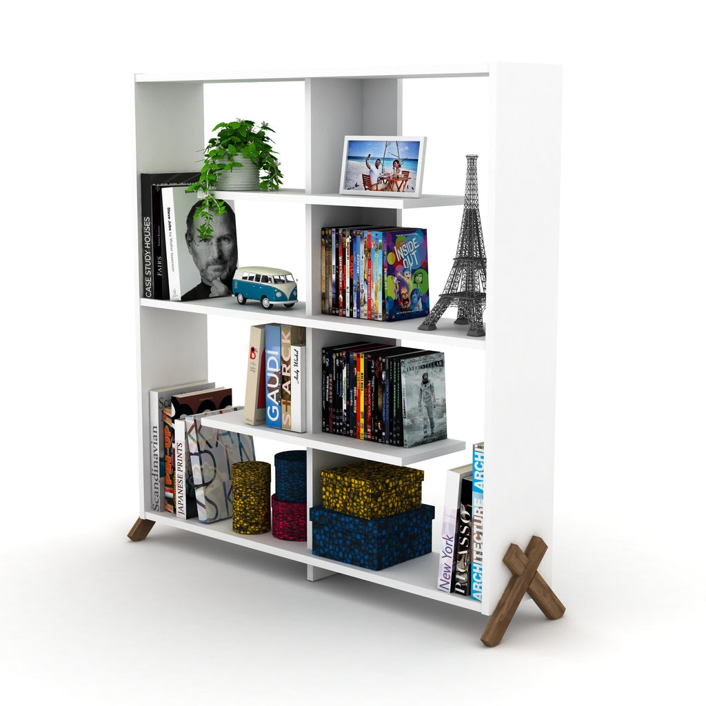 Leoglint Furnish Home Store Kipp Wood Frame Etagere Open Back 6 Shelves Bookcase Industrial Bookshelf for Office and Living Rooms Modern Bookcases Large Bookshelf Organizer, Walnut/White