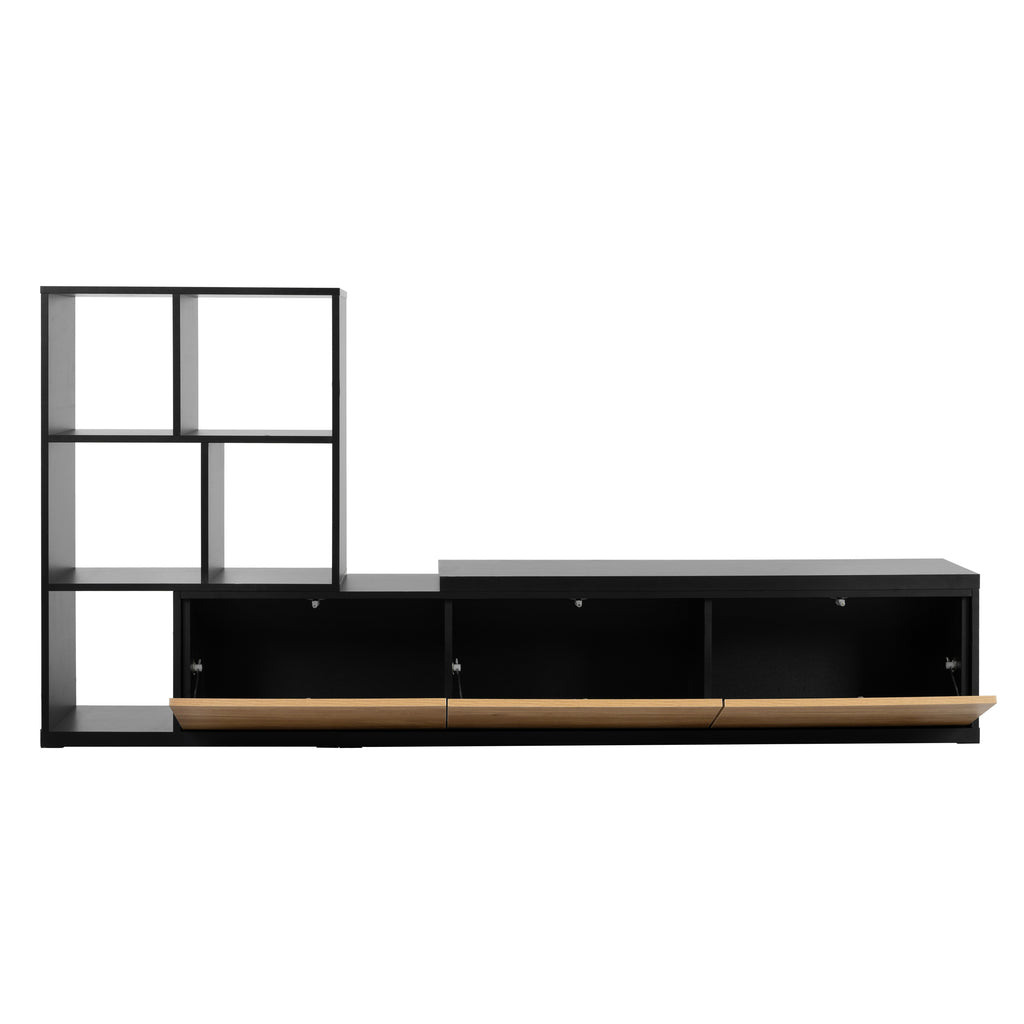 Leoglint ON-TREND 74.8''-126'' Extendable TV Stand with 3 Tier Bookshelves for TVs up to 110'', Adjustable Entertainment Center with Storage Cabinets, Sliding Tabletop Media Console for Living Room, Black