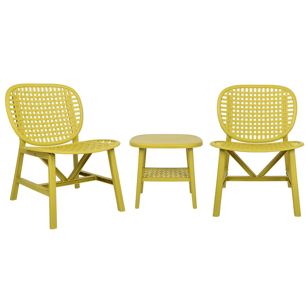 Leoglint 3 Pieces Hollow Design Patio Table Outdoor Chair Set All Weather Conversation Bistro Set Outdoor Coffee Table with Open Shelf and Lounge Chairs with Widened Seat for Balcony Garden Yard Yellow