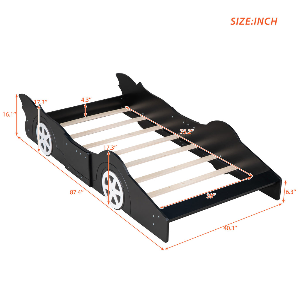 Leoglint Twin Size Race Car-Shaped Platform Bed Frame with Wheels,Black