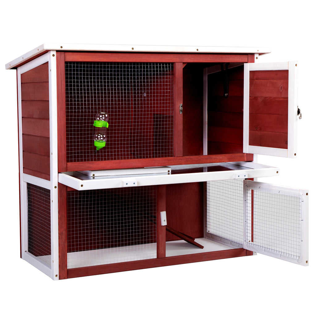 Leoglint Wood Rabbit Hutch, Pet Playpen with 2 Stories, Ramp, Doors, Pull-out Tray, Water Bottle, Outdoor Enclosure for Small Animals Bunnies, Red and White