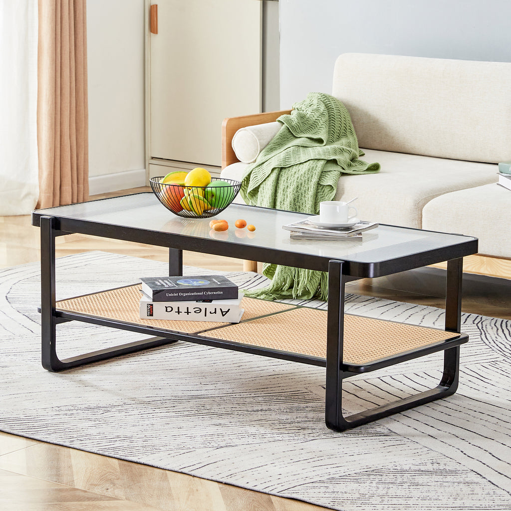 Leoglint Modern minimalist rectangular double layer black solid wood imitation rattan coffee table with a Chinese style side table with craft glass tabletop, suitable for living rooms, restaurants, bedrooms