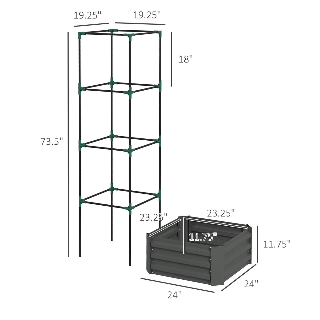 Leoglint Garden Trellis Galvanized Raised Garden Bed, 24" x 24" x 11.75" Outdoor Planter Box with Trellis Tomato Cage and Open Bottom for Climbing Vines, Vegetables, Flowers in Backyard, Garden, Patio, Gray