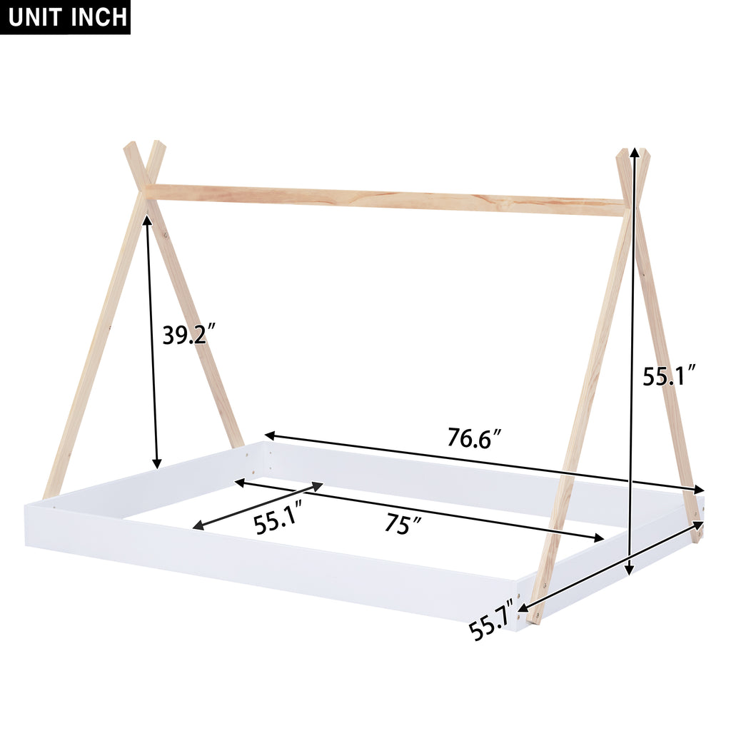 Leoglint Full Size Tent Floor Bed Frame with Triangle Structure, White+Natural