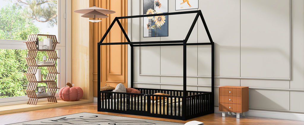 Leoglint Twin Size Metal House Bed Frame with Fence and Door, Black