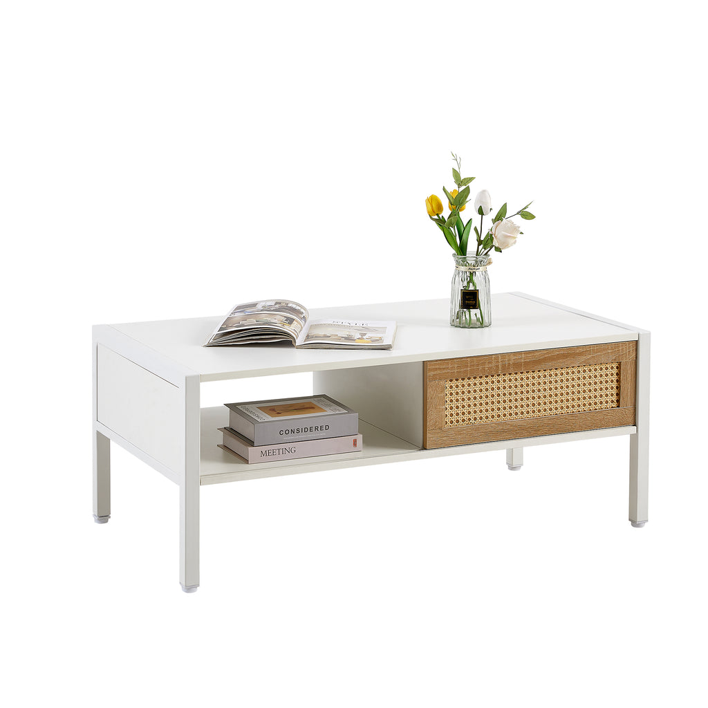 Leoglint 40.16" Rattan Coffee table, sliding door for storage, metal legs, Modern table  for living room , white