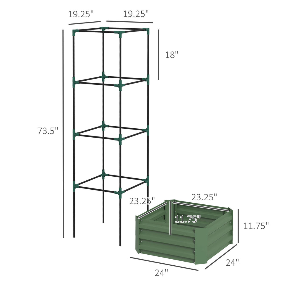 Leoglint Garden Trellis Galvanized Raised Garden Bed, 24" x 24" x 11.75" Outdoor Planter Box with Trellis Tomato Cage and Open Bottom for Climbing Vines, Vegetables, Flowers in Backyard, Garden, Patio, Green