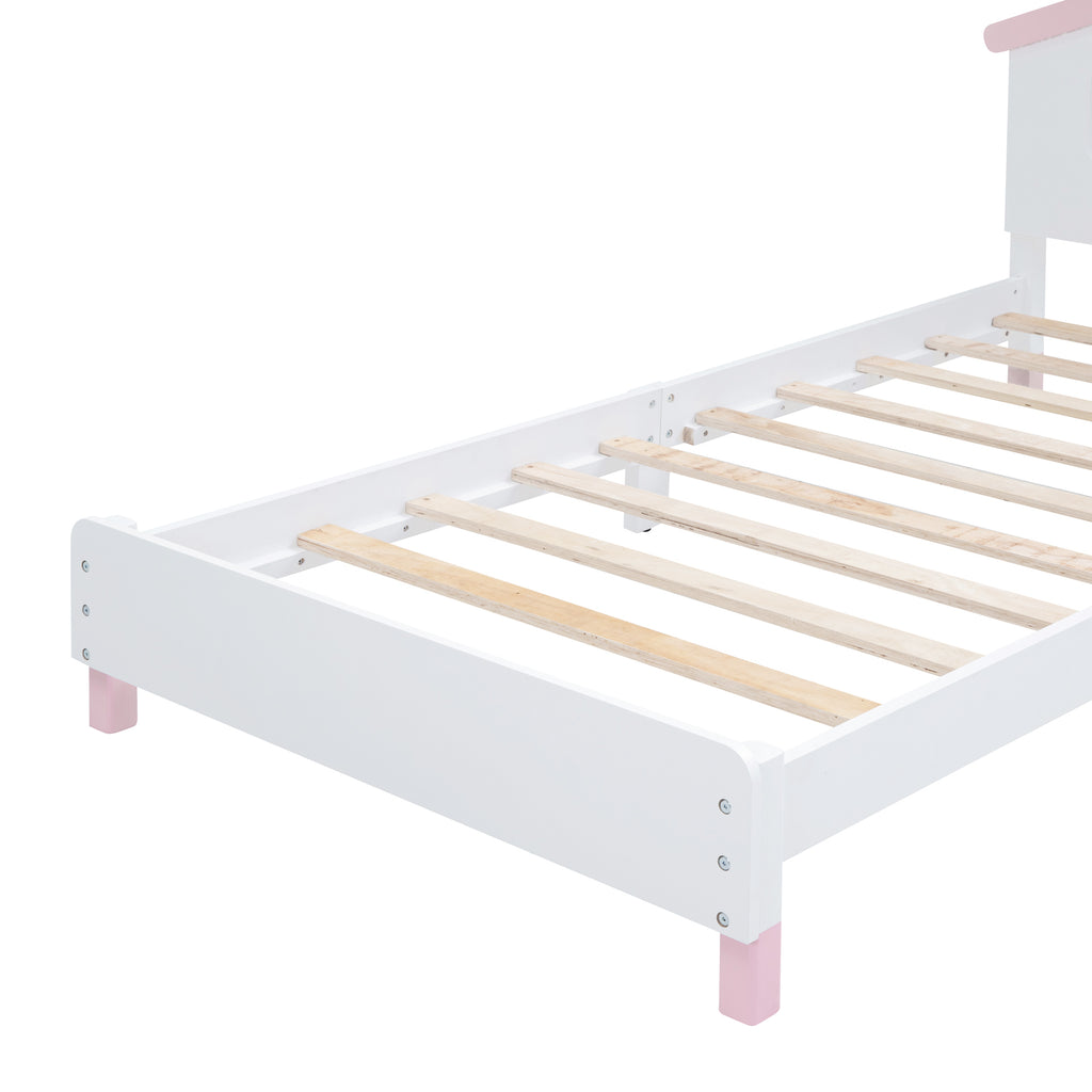 Leoglint Twin Size Wood Platform Bed Frame with House-shaped Headboard and Motion Activated Night Lights (White+Pink)