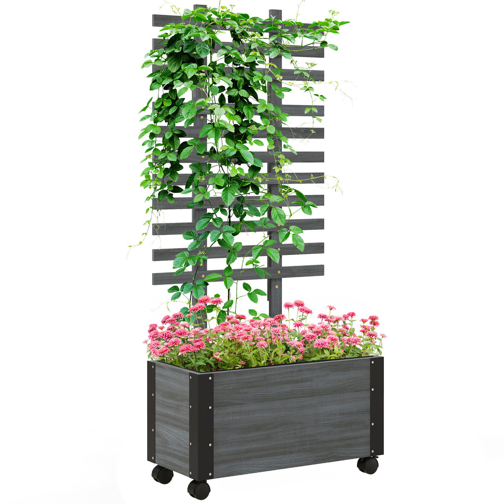 Leoglint Raised Garden Trellis Bed with Trellis, 58" Outdoor Wooden Planter Box with  Wheels, for Vine Plants Flowers Climbing and Planting, Gray