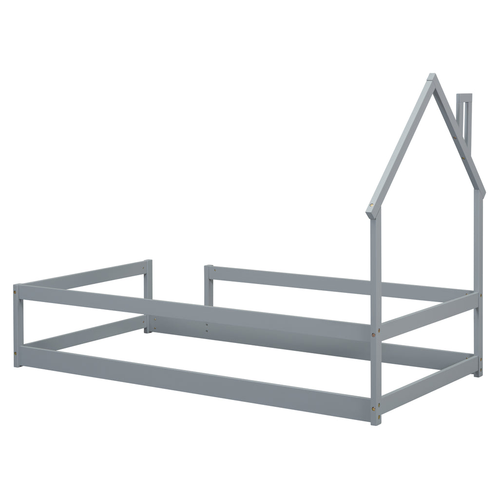 Twin Size Wood bed Frame with House-shaped Headboard Floor bed with Fences,Grey