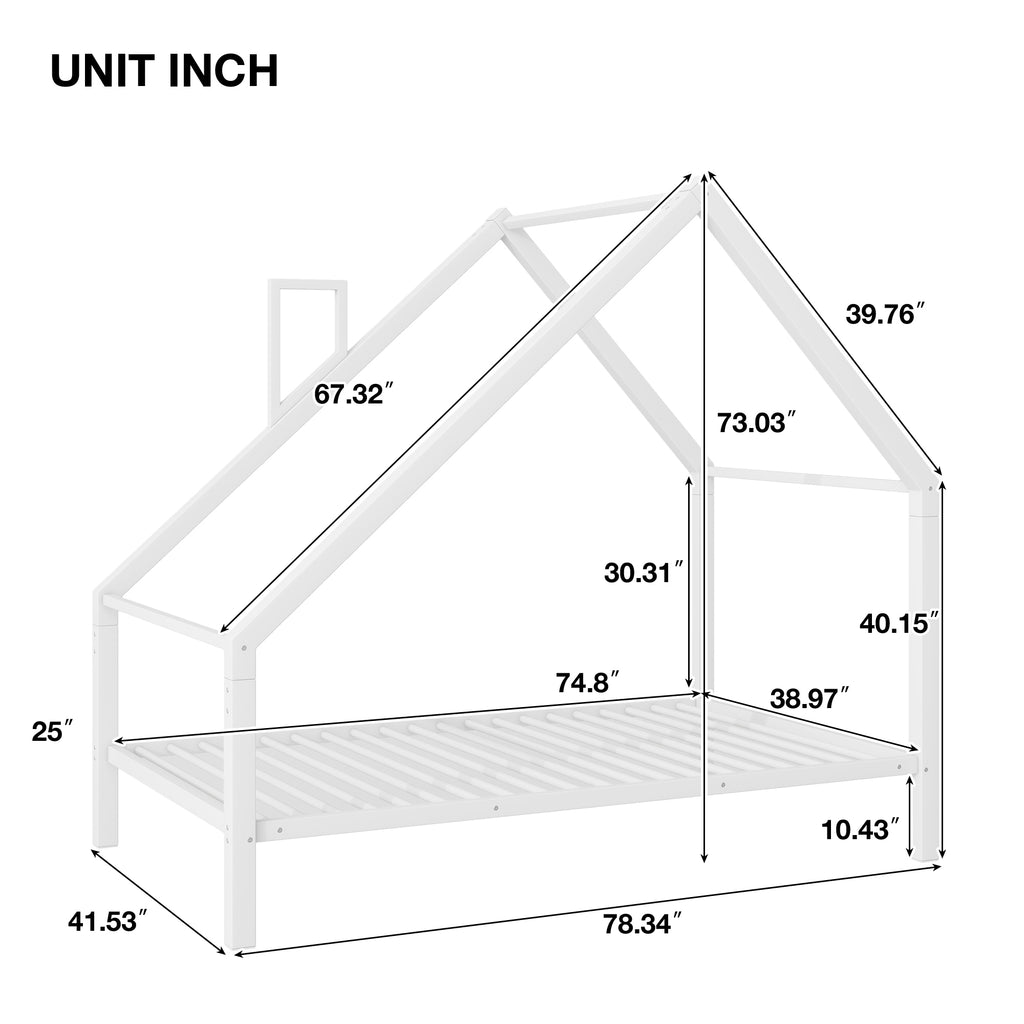 Leoglint Twin Size Metal House Platform Bed Frame with Roof and Chimney, White