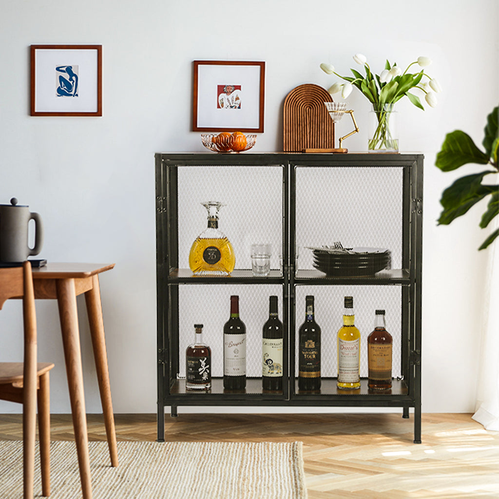 Leoglint Sideboard Buffet Kitchen Storage Cabinet with Mesh Doors and Shelves, Wine Liquor Cabinet, Cupboard Console Table, 31.5W x 15.75D x 34.3H, Black/Antique