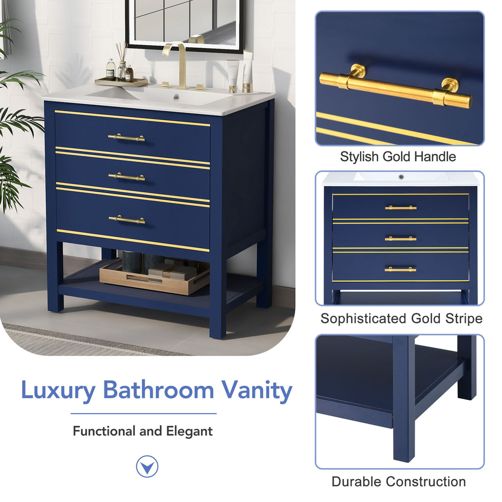 Leoglint [Viedo]Modern 30inch Navy Blue/White Bathroom Vanity Cabinet Combo with OpenStorge, Two Drawers