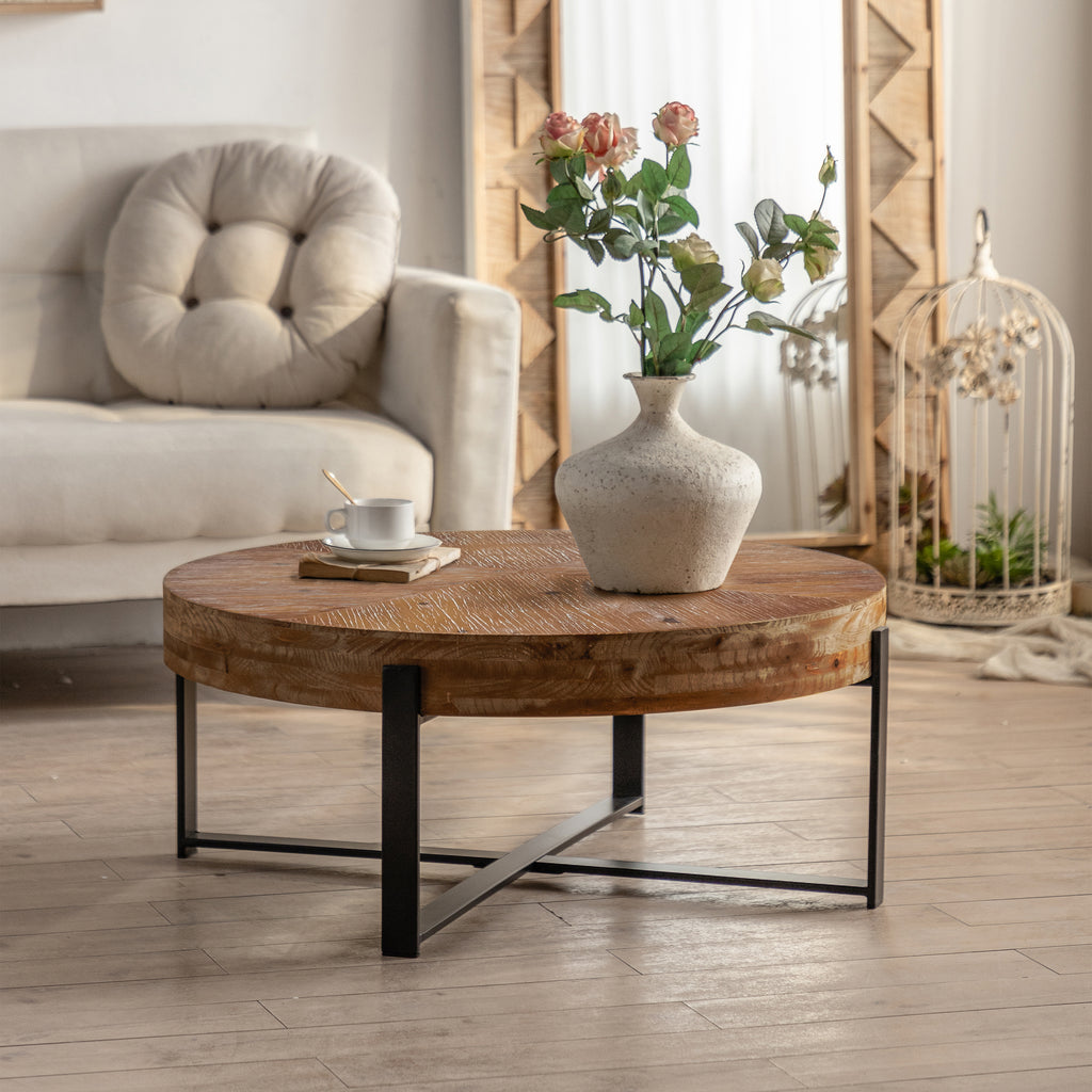 Leoglint 31.29"Modern Retro Splicing Round Coffee Table ,  Fir Wood Table Top with Cross Legs Metal Base(Same SKU:W757123560)