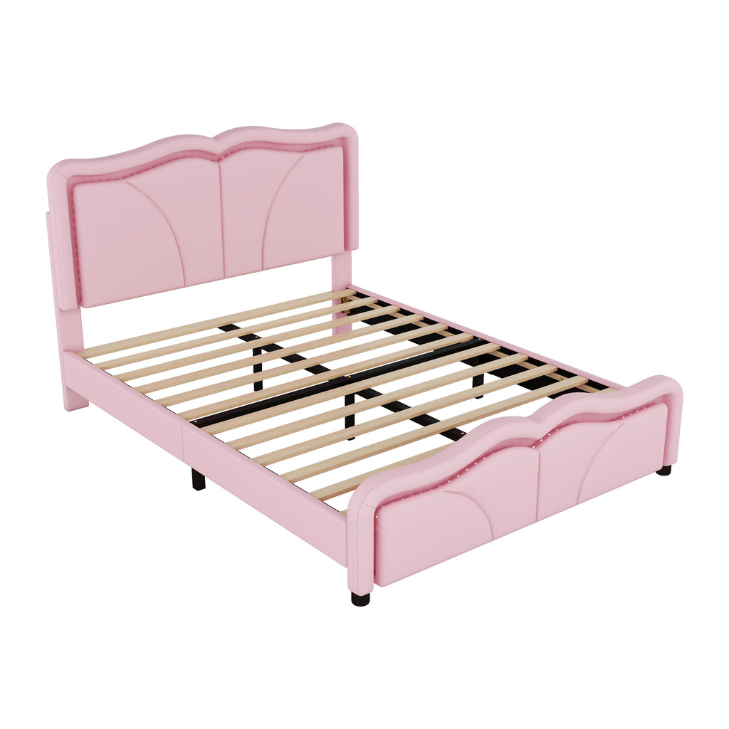 Leoglint Full Size Upholstered Platform Bed Frame with Curve Shaped and Height-adjustbale Headboard,LED Light Strips,Pink