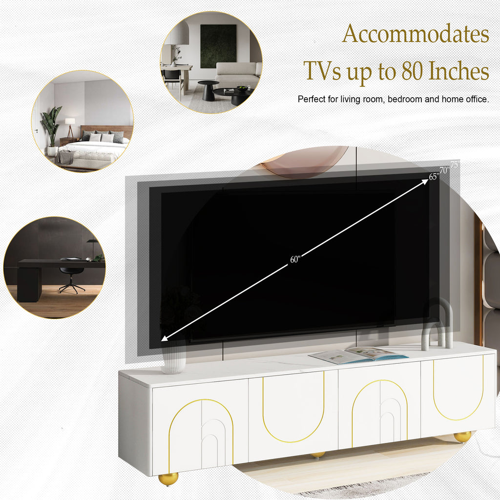 Leoglint U-Can Modern TV Stand for TVs up to 75 Inches, Entertainment Center with Storage Cabinets and 1 Adjustable Shelf, Media Console with Marble-patterned Top and Golden Round Metal Legs for Living room