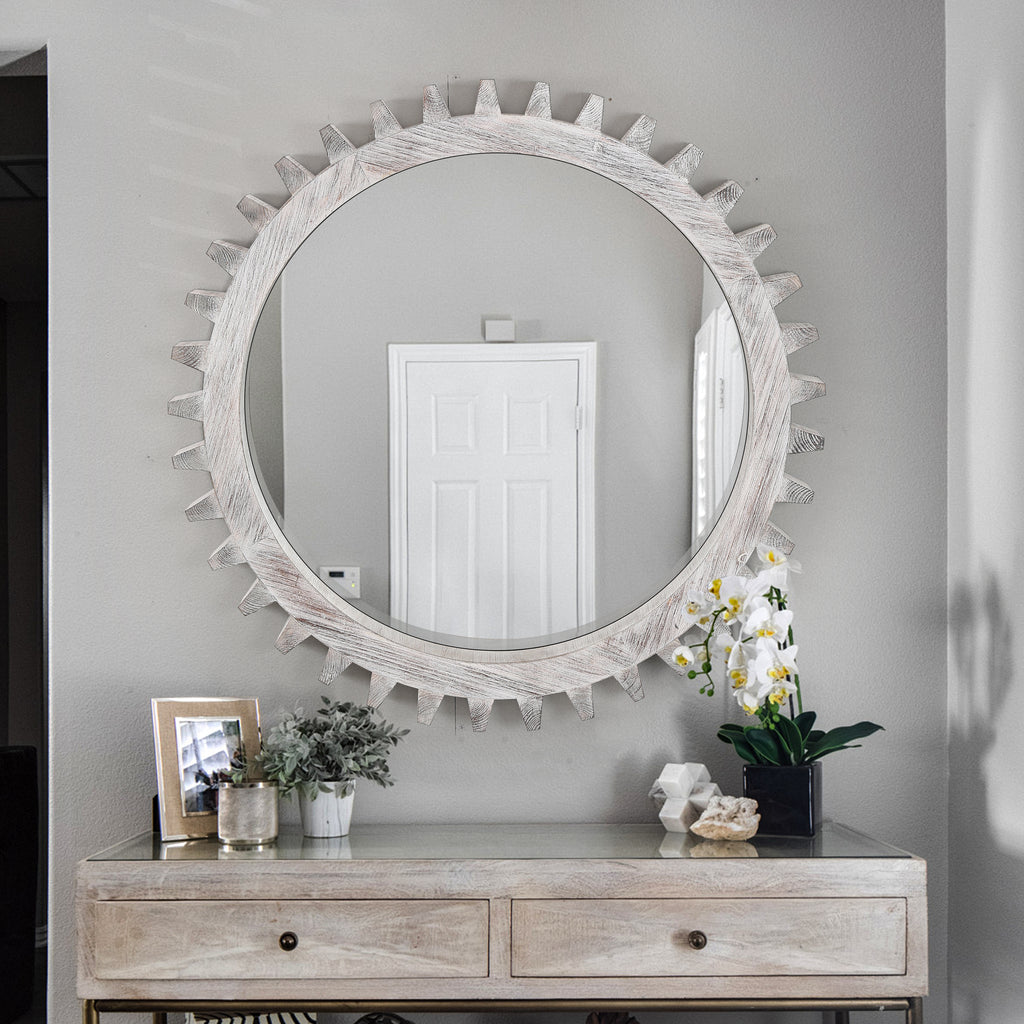 Leoglint Vintage 34'' x 34'' Wood Round Hanging Gear Shape Heavy Decorative Mirror For Bathroom Living Room Entryway Or Put Together To Your Liking.(Antique White Washed)
