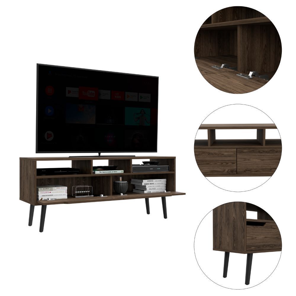 Leoglint Kobe Tv Stand for TV´s up 52", Three Open Shelves, Two Flexible Drawers, Dark Walnut