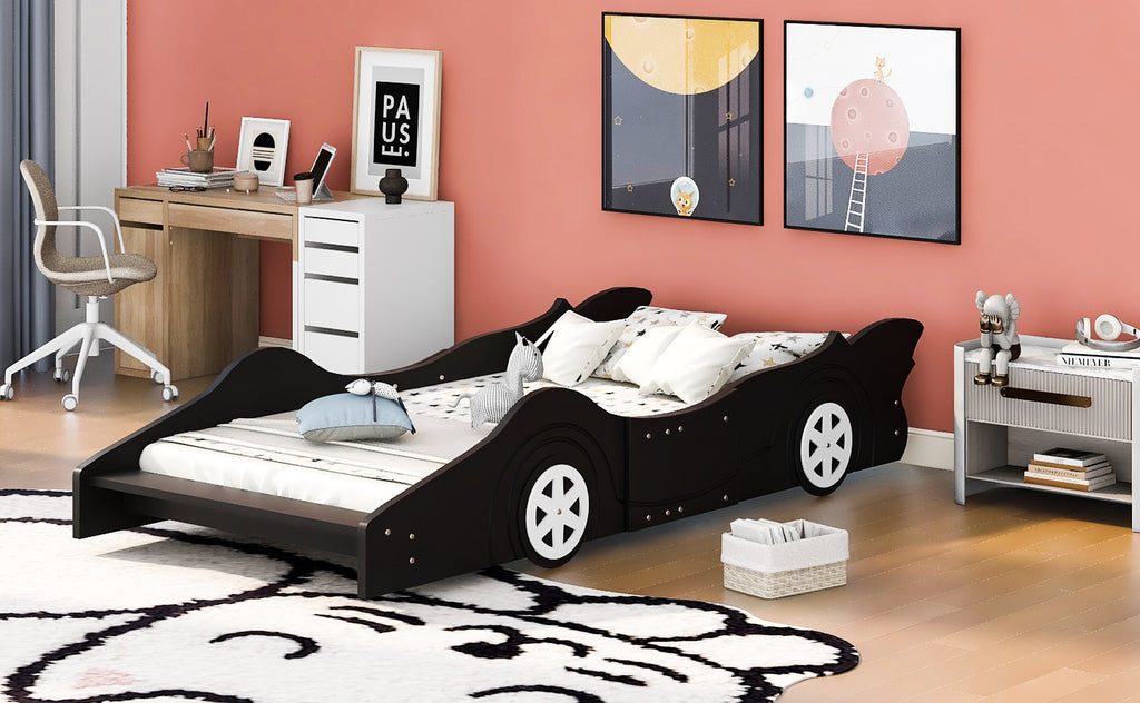 Leoglint Twin Size Race Car-Shaped Platform Bed Frame with Wheels,Black