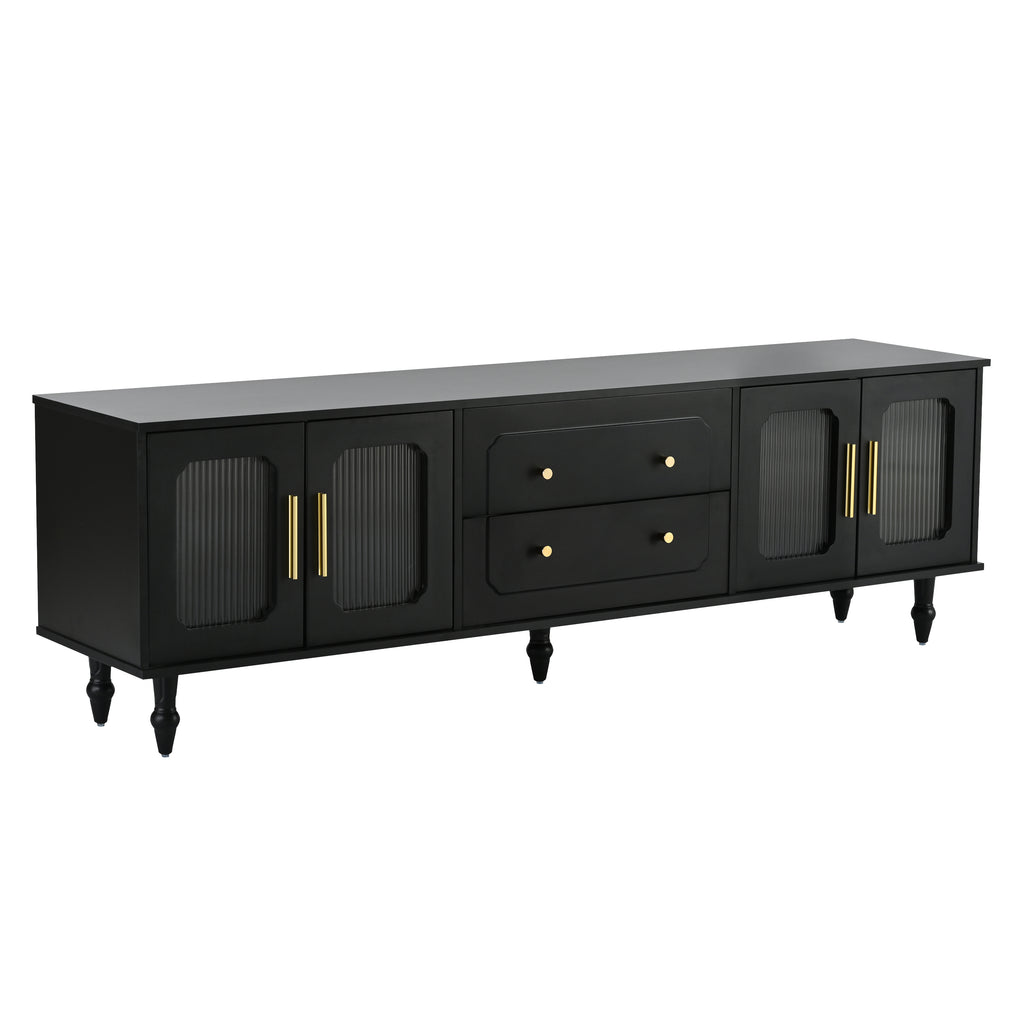 Leoglint ON-TREND Retro Design TV Stand with Fluted Glass Doors for TVs Up to 78'', Practical Media Console with 2 Drawers and Cabinets, Elegant Entertainment Center for Living Room, Black