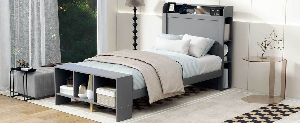 Leoglint Twin Size Platform Bed Frame with built-in shelves, LED Light and USB ports, Gray