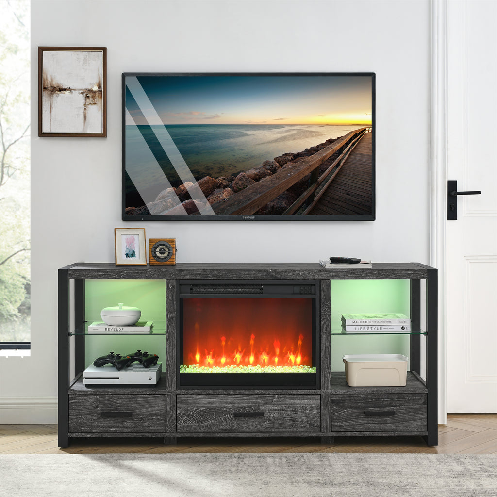 Leoglint 60 Inch Electric Fireplace Media TV Stand With Sync Colorful LED Lights-Dark rustic oak color