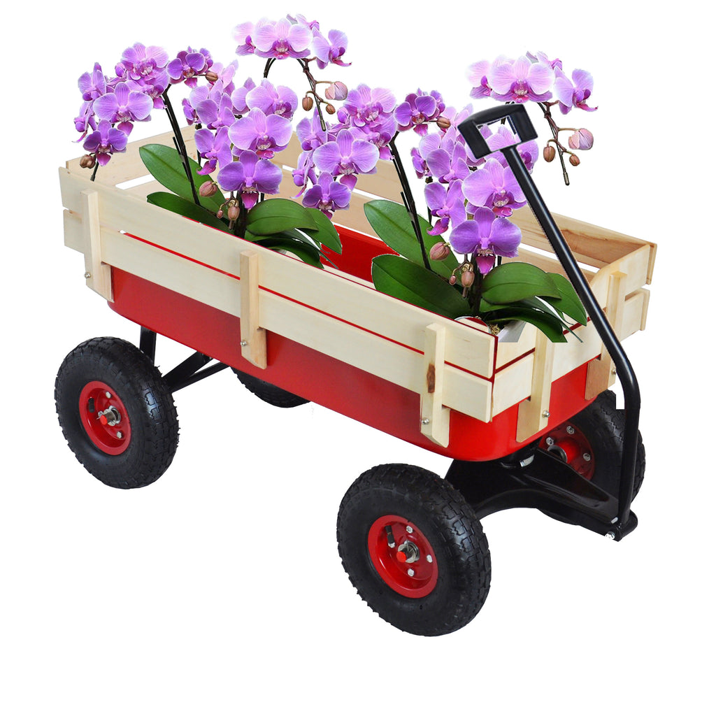 Leoglint Garden cart outdoor sport wagon tools cart wooden side panels air tires Wagon (red)