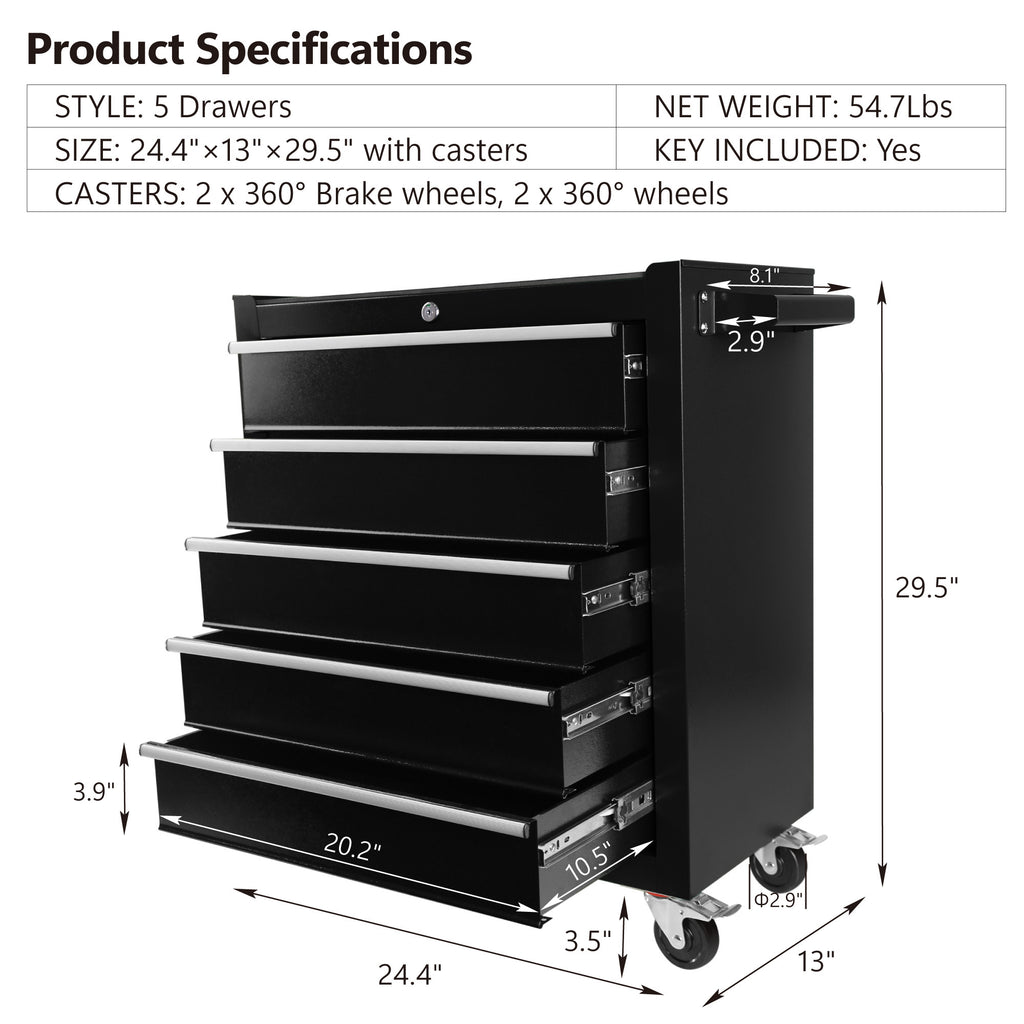 Leoglint 5 Drawers Rolling Tool Chest Cabinet with Wheels, Tool Storage Cabinet and Tool Box Organizer for Garage Warehouse Workshop, Black