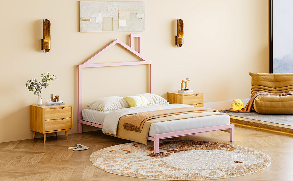 Leoglint Bed Frame Full Size Metal Platform Bed with House-Shaped Headboard Design, Pink