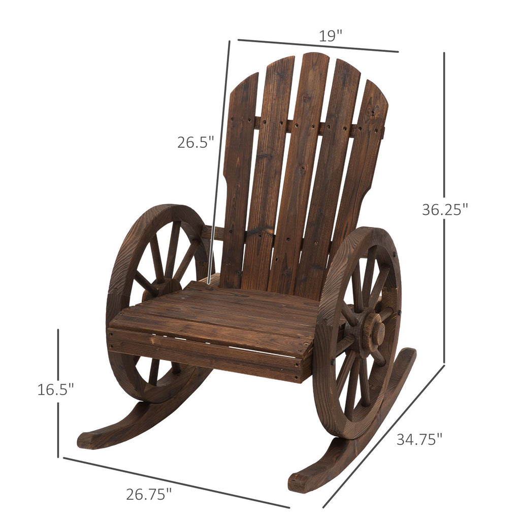 Leoglint Wooden Rocking Outdoor Chair, Adirondack Rocker Chair w/ Slatted Design and Oversized Back, Outdoor Rocking Chair with Wagon Wheel Armrest for Porch, Poolside, and Garden, Carbonized