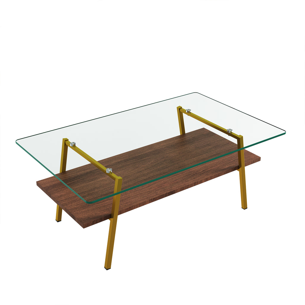 Leoglint Rectangle Coffee Table, Tempered Glass Tabletop with Gold Metal Legs, Modern Table for Living Room , Transparent Glass