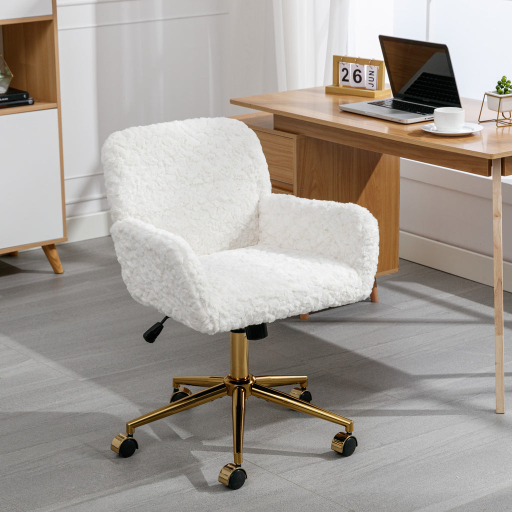 Leoglint A&A Furniture Office Chair,Artificial rabbit hair Home Office Chair with Golden Metal Base,Adjustable Desk Chair Swivel Office Chair,Vanity Chair(Beige)