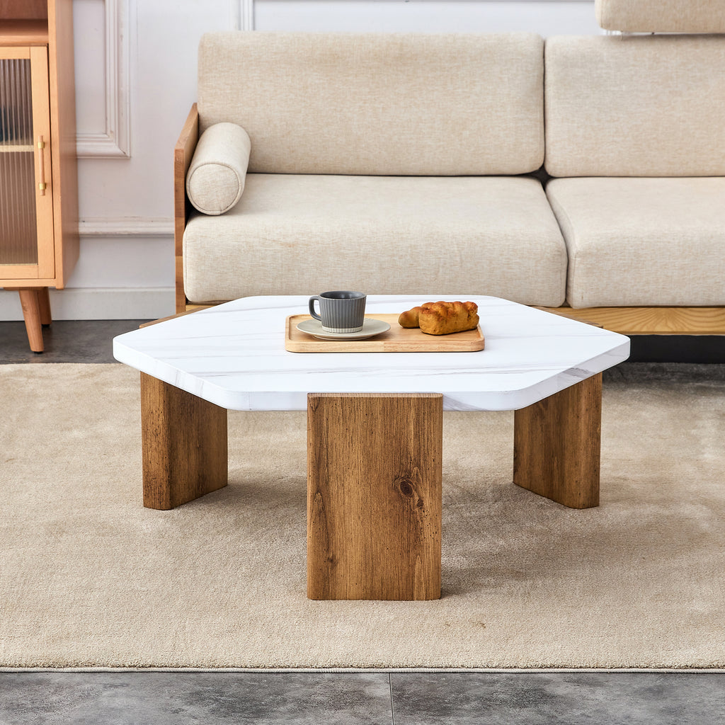 Leoglint Modern practical MDF coffee table with white tabletop and wooden toned legs. Suitable for living rooms and guest rooms.