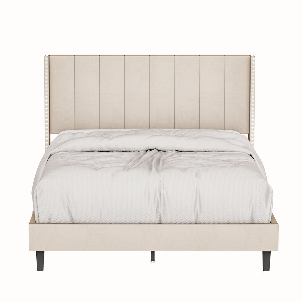 Queen Bed Frame/Velvet Upholstered Bed Frame with Vertical Channel Tufted Headboard Beige