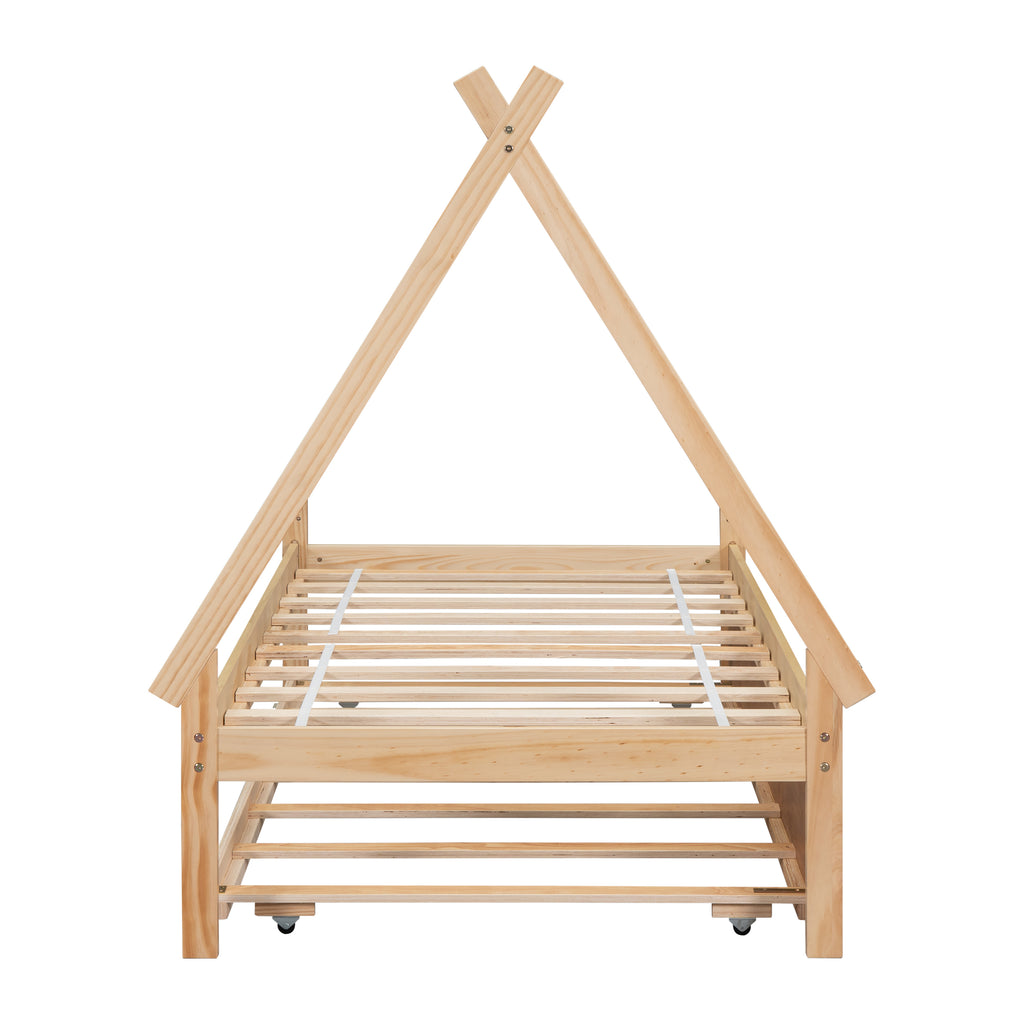 Leoglint Twin size Tent Floor Bed Frame, Teepee Bed, with Trundle,Natural