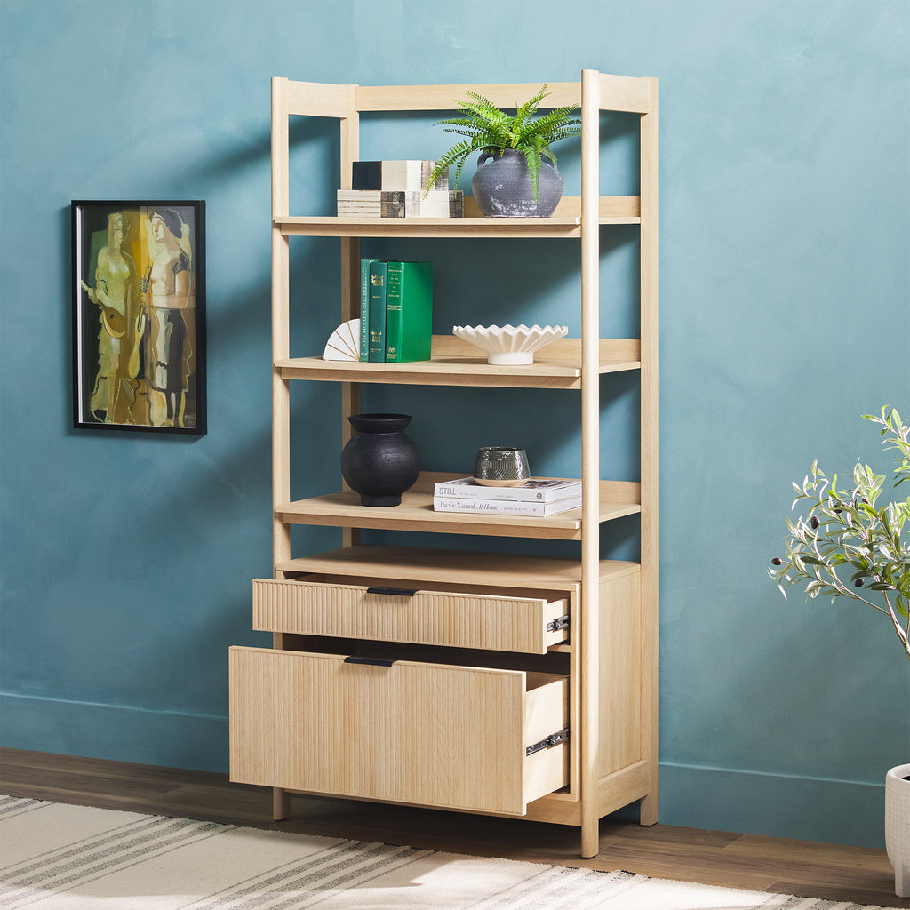 Leoglint Transitional Wide Bookshelf with Drawers on Bottom - Oak