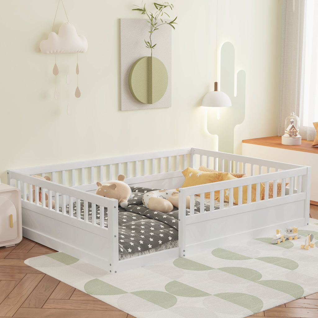 Leoglint Full Floor Bed Frame with Fence, Wood Kids Floor Beds Frame for Bedroom Playroom,White(Expect arrive date Jul. 10th)