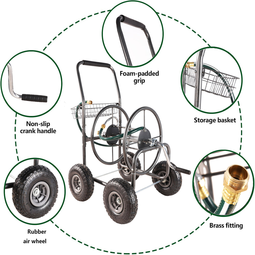 Leoglint Garden cart Garden Hose Reel Cart - 4 Wheels Portable Garden Hose Reel Cart with Storage Basket Rust Resistant Heavy Duty Water Hose Holder